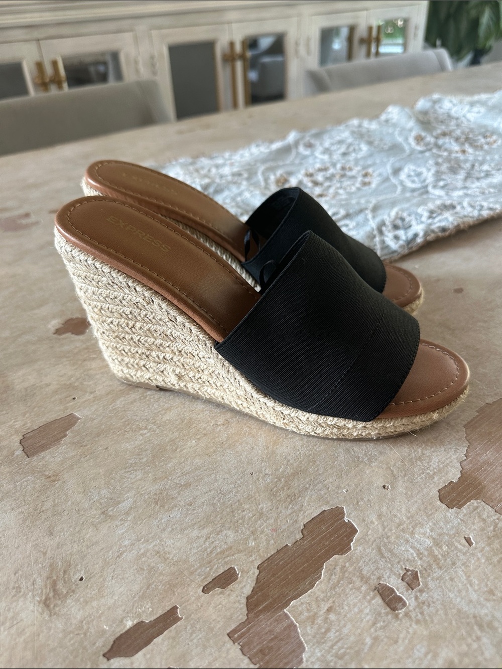 Express Black Espadrille Wedge Slides